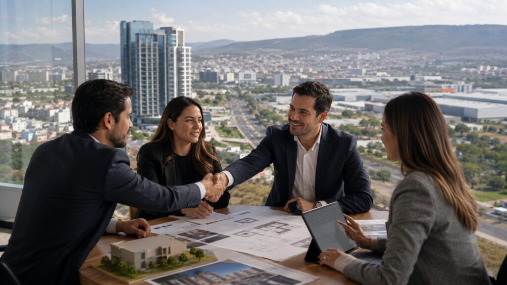 Profesionales inmobiliarios revisando planos en Querétaro como parte de la modernización del sector